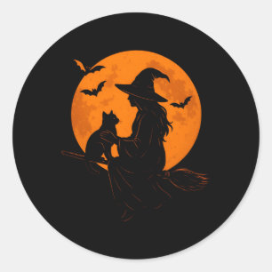 Hexe und süße Katze schwarzes Kätzchen für Hallowe Runder Aufkleber