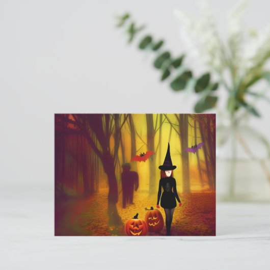 Hexe und Zombie im Wald-Halloween-Party Postkarte (Stehend Vorderseite)