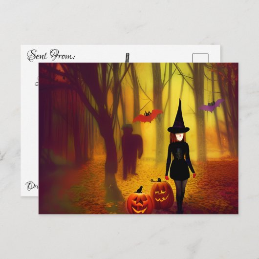 Hexe und Zombie im Wald-Halloween-Party Postkarte (Vorne/Hinten)