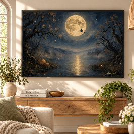 Hexe unter Vollmond-Gothic-Halloween-See Leinwanddruck