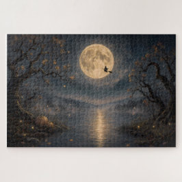 Hexe unter Vollmond-Gotik-Halloween-See Puzzle
