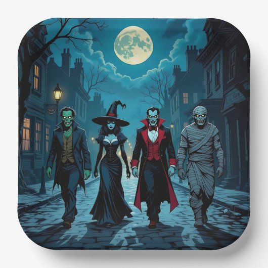Hexe, Vampire, Dracula und Mummy-Halloween-Party Pappteller (Vorderseite)