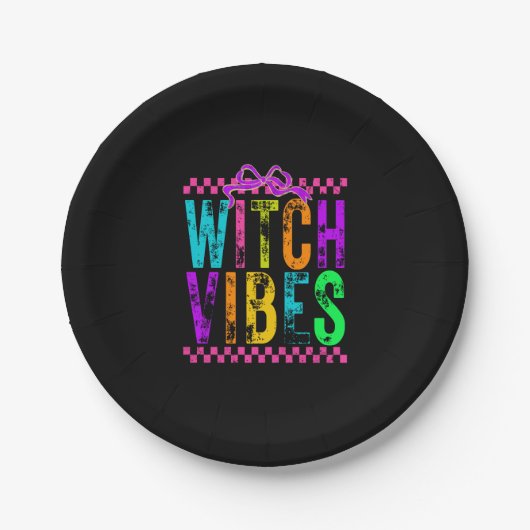 Hexe Vibes Halloween Neon Checkered Bow Pappteller (Vorderseite)