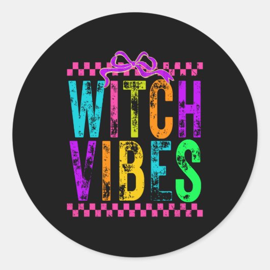 Hexe Vibes Halloween Neon Checkered Bow Runder Aufkleber (Vorderseite)
