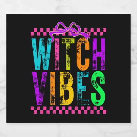 Hexe Vibes Halloween Neon Checkered Bow Schaumweinetikett (Einzelnes Label)