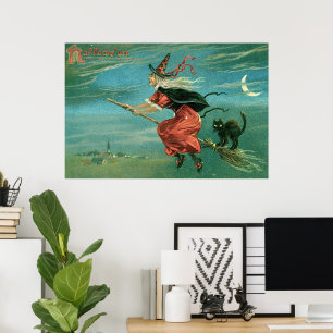 Hexe von Halloween mit schwarzer Katze Poster