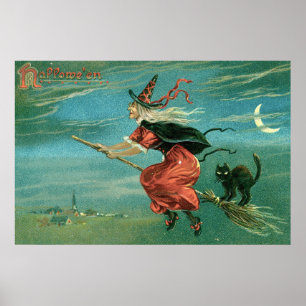 Hexe von Halloween mit schwarzer Katze Poster
