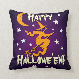 Hexe vorne, Katze hinten Frohes Halloween Lila Kissen