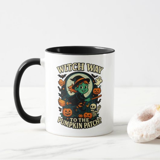 Hexe Weg zum Pumpkin Patch? Halloween Tasse (Mit Donut)