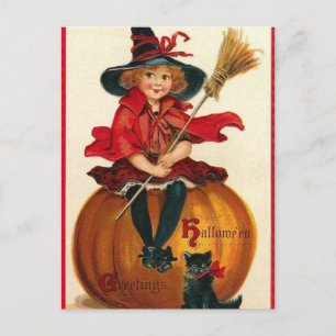 Hexe zu Halloween Vintage Postkarte