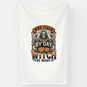 Hexe zur Fahrradreparatur Vintage-Halloween-Fahrra Banner