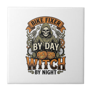 Hexe zur Fahrradreparatur Vintage Halloween-Fahrra Fliese