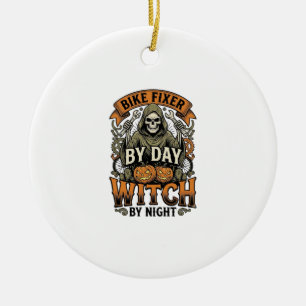 Hexe zur Fahrradreparatur Vintage-Halloween-Fahrra Keramik Ornament