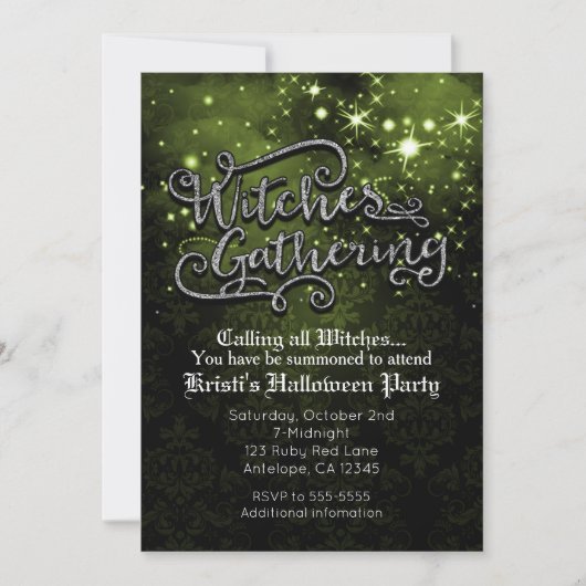 Hexen Ansammlung Green & Black Damask Einladung (Vorderseite)