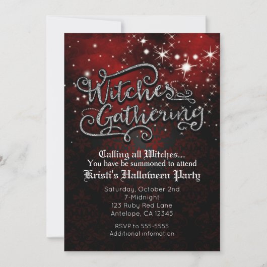 Hexen Ansammlung Red & Black Damask Einladung (Vorderseite)