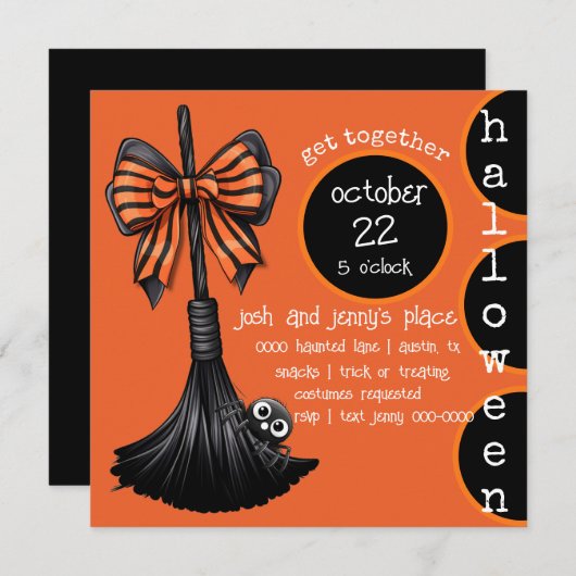Hexen Broom and Bow mit Peeking Spider Party Einladung (Vorne/Hinten)