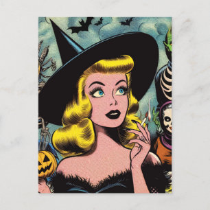 Hexen-Comics zu Halloween im Vintage-Stil Postkarte