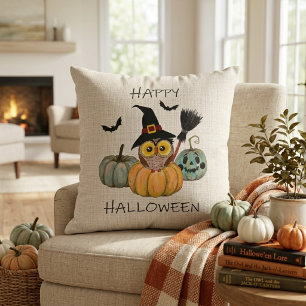 Hexen-Eule Frohes Halloween Kissen