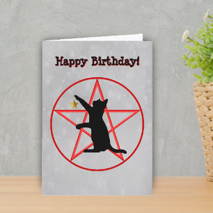 Hexen-Geburtstag schwarze Katze rotes Pentagramm K Karte
