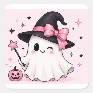 Hexen-Ghost-Coquette Halloween mit rosa Schleife Quadratischer Aufkleber