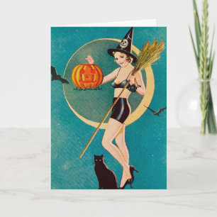 Hexen-Girl im Pin-Up-Stil zu Halloween Karte