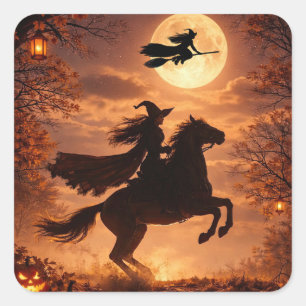 Hexen-Halloween-Aufkleber mit Pferd Quadratischer Aufkleber