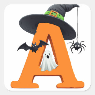 Hexen-Halloween-Buchstabe A Kessel Besen 🎃 Quadratischer Aufkleber