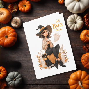 Hexen-Mädchen Kaffee Katze & Kürbis Süß Halloween Karte