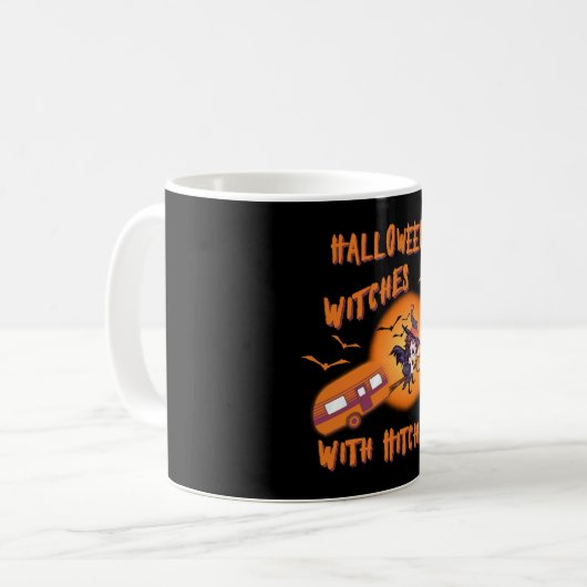 Hexen mit Hitches Camping Halloween Kaffeetasse (Vorderseite Links)
