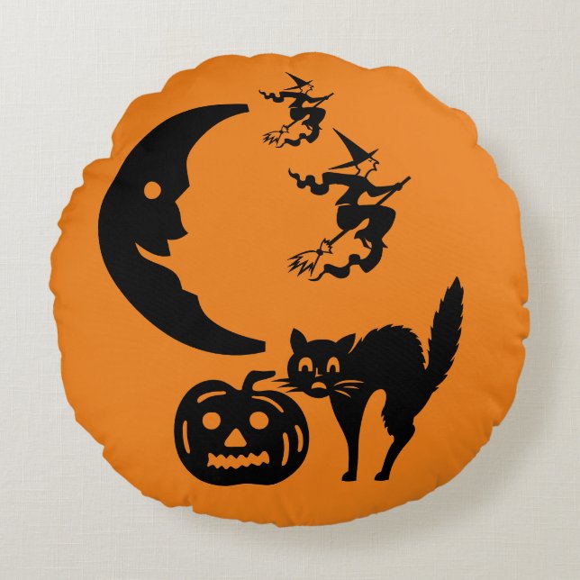 Hexen & Mond & Kat & Pumpkin & Ghosts Pillow Rundes Kissen (Vorderseite)