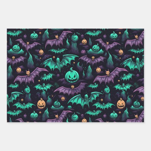 Hexen Pumpkin Skulls Fledermäuse Beängstigendes Ha Geschenkpapier Set (Vorderseite 3)