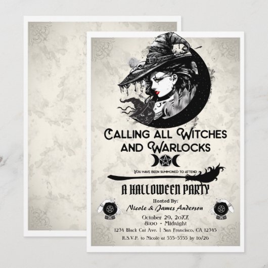 Hexen und Hexenmeister Vintages HexenHalloween-Par Einladung (Vorne/Hinten)