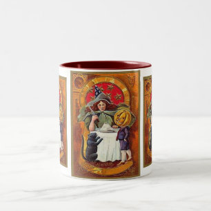 Hexen und Kürbiskopf-Junge im Vintage-Halloween-St Zweifarbige Tasse