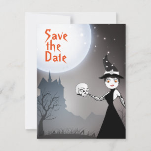 Hexen- und Totenkopf-Paar Vollmond Halloween-Hochz Save The Date