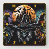 Hexen versammeln sich zu Halloween in einem Spuk S Quadratische Wanduhr (Vorderseite)