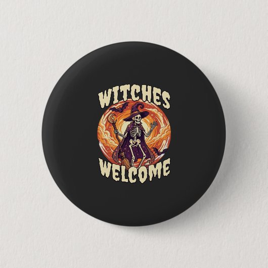 Hexen Willkommen Halloween Skelett Hexenbesen Fled Button (Vorderseite)