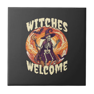 Hexen Willkommen Halloween Skelett Hexenbesen Fled Fliese