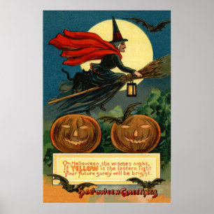Hexenbesen Fliegender Kürbis Schwarze Katze Fleder Poster