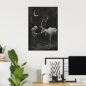 Hexender Hirsch Kunstprint, zunehmender Mond dunke Poster (Heimbüro)