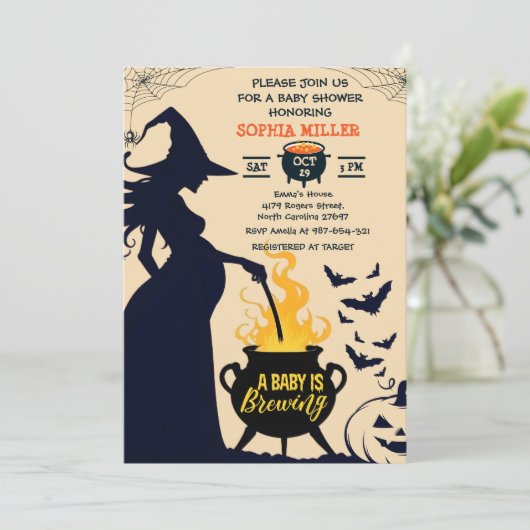 Hexendusche Cauldron Baby Braut Einladung (Stehend Vorderseite)