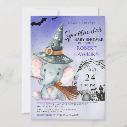 Hexenelephant Halloween-Kinderdusche Einladung (Vorderseite)
