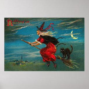 Hexenfliegende Schwarze Katze Mondsichel Poster