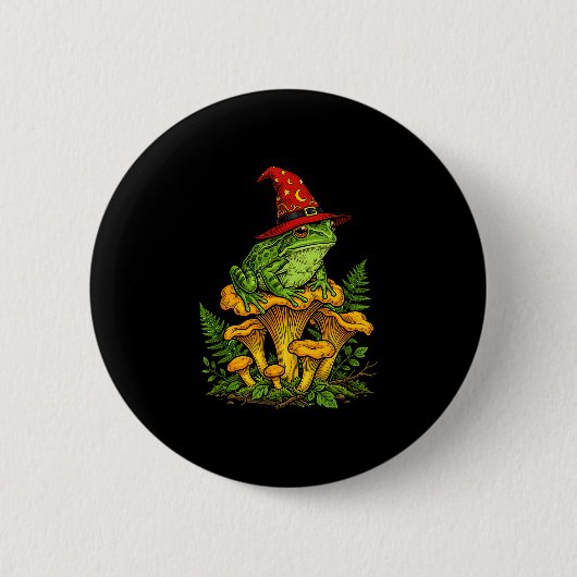 Hexenfrosch sitzt auf Pilzen Halloween Magie Button (Vorderseite)