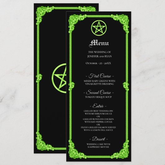 Hexengrünes Gothic-Hochzeitsmenü mit Glanz Menükarte (Vorne/Hinten)