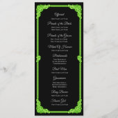 Hexengrünes Gothic-Hochzeitsprogramm mit Leuchteff Menükarte (Rückseite)
