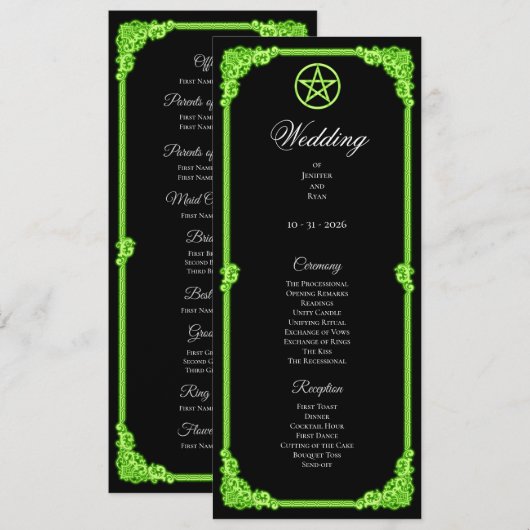 Hexengrünes Gothic-Hochzeitsprogramm mit Leuchteff Menükarte (Vorne/Hinten)