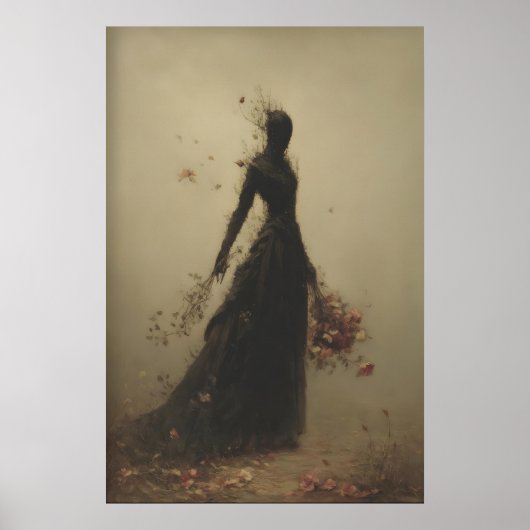 Hexenhafte Frauenfigur, die Blumen hält, löst sich Poster (Vorne)
