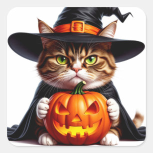 Hexenhaftes mürrisches Kätzchen mit Jack O Lantern Quadratischer Aufkleber