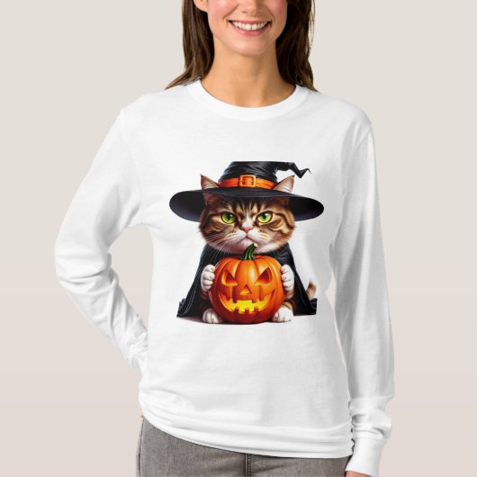 Hexenhaftes mürrisches Kätzchen mit Jack O Lantern T-Shirt (Vorderseite)