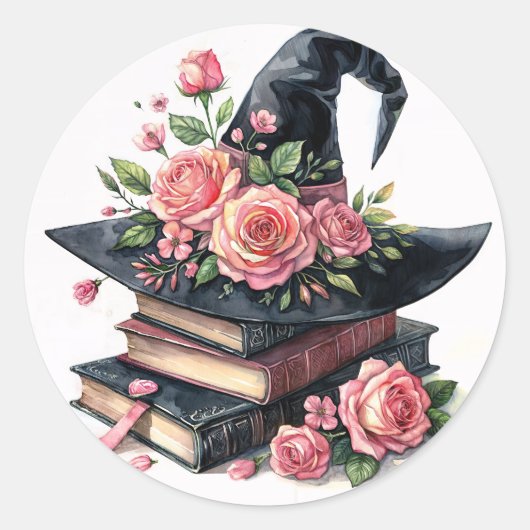 Hexenhut auf Büchern mit rosa Rosen Runder Aufkleber (Vorderseite)